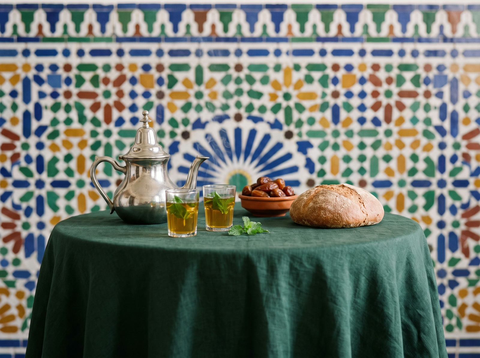 A small round table for two with a green tablecloth, a silver teapot, two glasses of mint tea, dates and bread, in front of a zellige wall.
